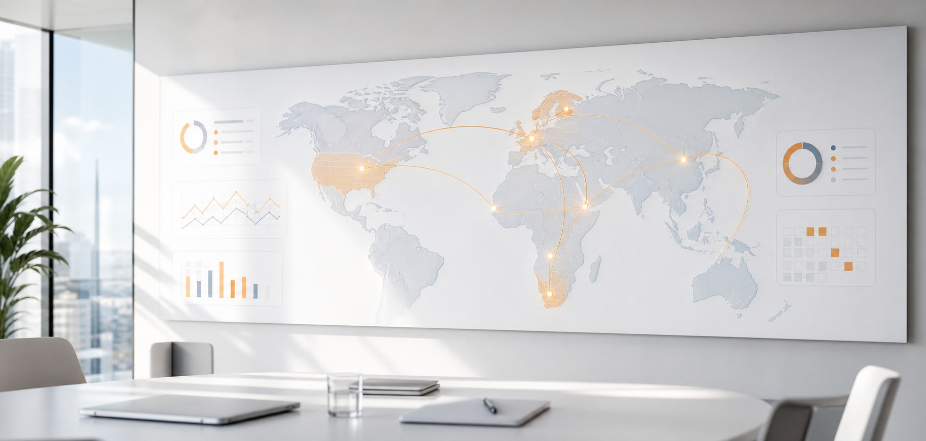 Bright international route map showing market connections between Europe, the USA, Africa and Asia