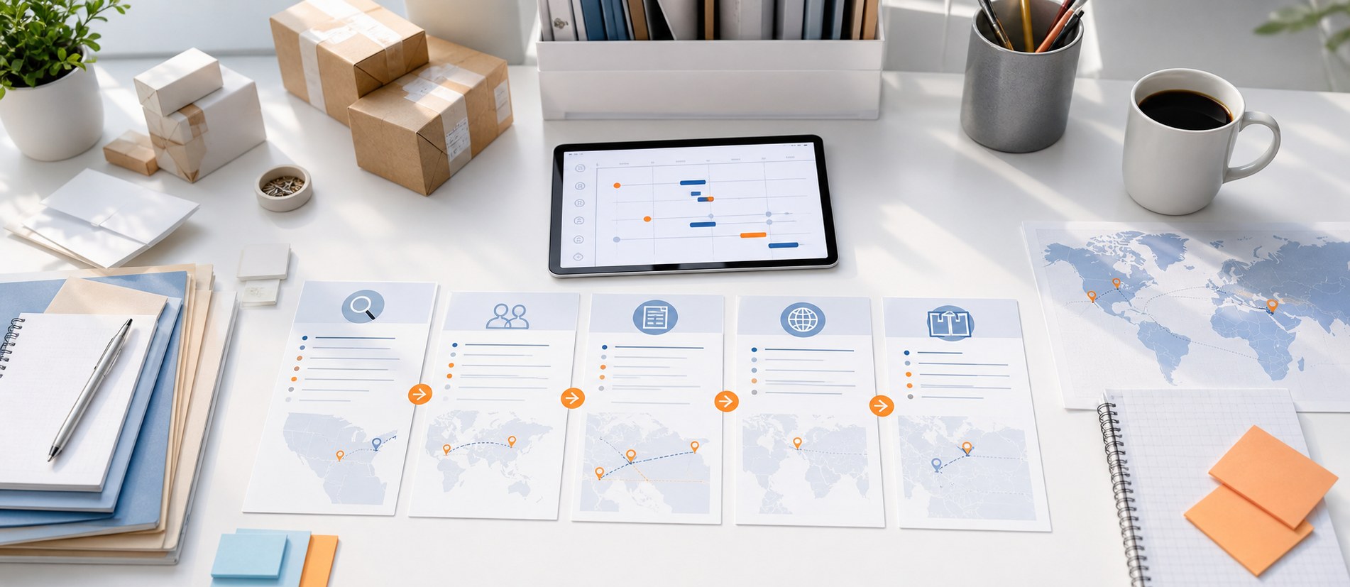 Bright trade coordination workflow with route cards, documents, packages and timeline planning