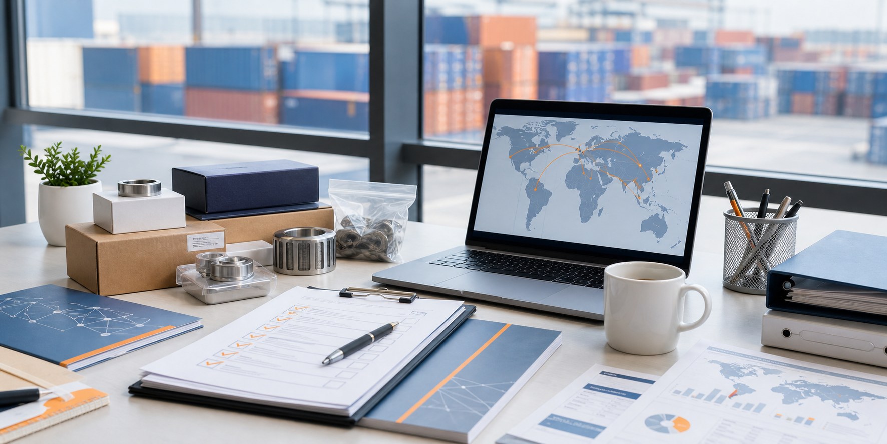 Daylight procurement and logistics operations desk with product samples, documents and route planning